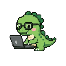 Mora's pixel dinosaur typing on a laptop